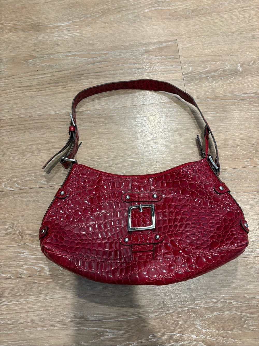 New York & Company Red Croc-Embossed Shoulder Bag with Buckle Accent